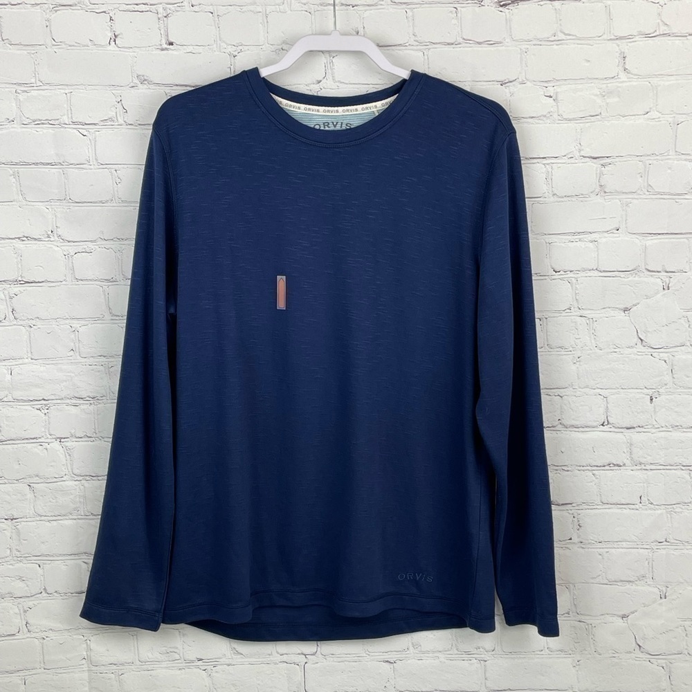 Orvis Classic Collection Shirt Blue MED Long Sleeve Tee Rayon Polyester Blend